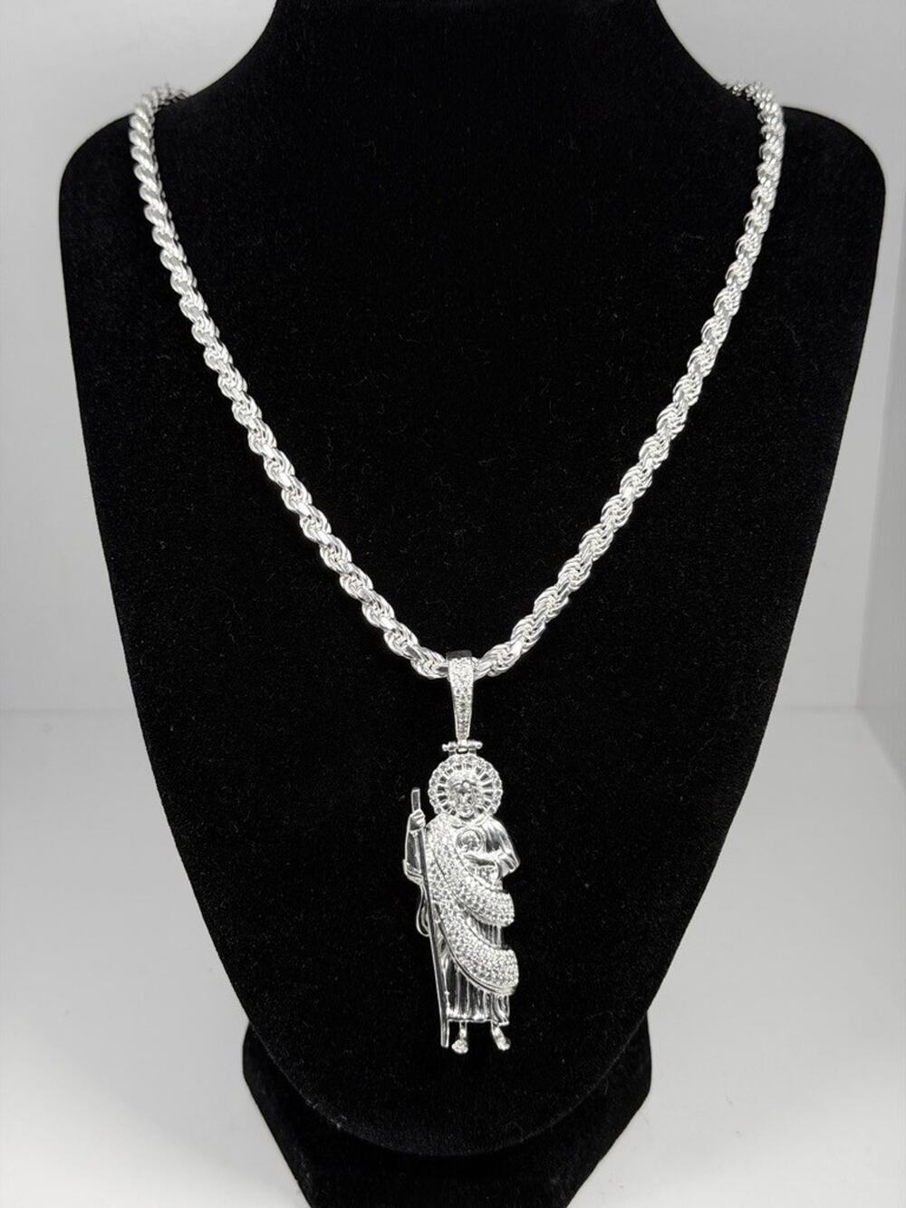 925 Sterling Silver San Judas Tadeo Pendant Rope Chain Necklace 22 Inch